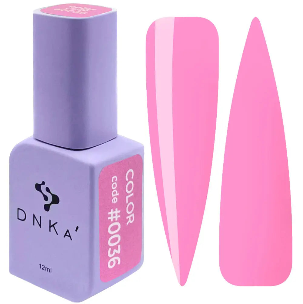 A bottle of DNKa' Gel Polish in color #0036, alongside a pair of pink nail polish bottle caps.