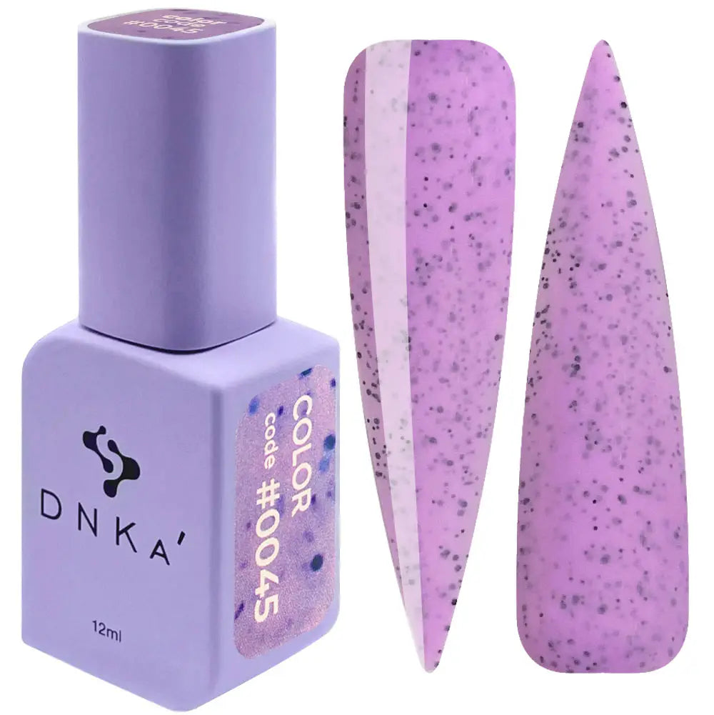 A purple DNKa' Gel Polish bottle with the cap removed, showing the purple with black dots color of the polish. A purple-colored DNKa' Gel Polish bottle with the code #0045 and 12 ml volume indicated