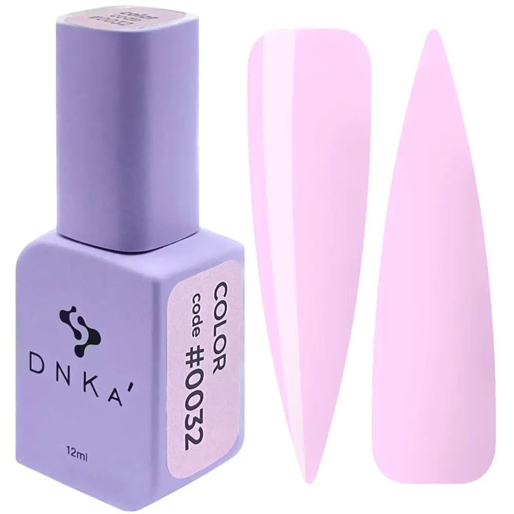 A purple DNKa' Gel Polish bottle with the cap removed, showing the color #0032 gel polish inside. A swatch of the light pink polish is also displayed to the right of the bottle.