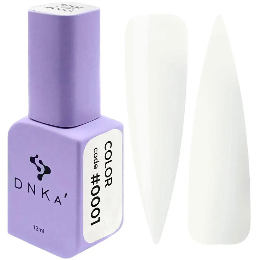 A bottle of DNKa' Gel Polish in milky white color #0001 alongside a visual representation of the nail polish application on a nail shape.