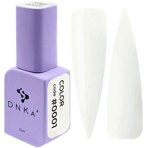 A bottle of DNKa' Gel Polish in milky white  color #0001 alongside a visual representation of the nail polish application on a nail shape.