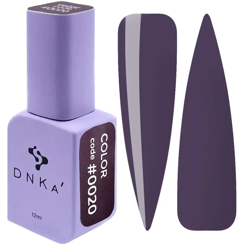 A swatch of DNKa' Gel Polish in color #0020, showing the color and texture of the polish. The polish is a deep purple shade.