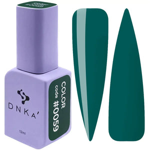 A bottle of DNKa' Gel Polish in color #0059, alongside a swatch of the dark green polish.