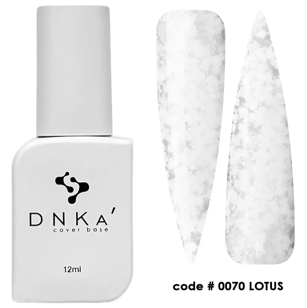 A 12 ml bottle of DNKa' Cover Base 0070 Lotus in a white color, alongside a swatch showing the product applied to a nail surface, displaying a white marble-like pattern.