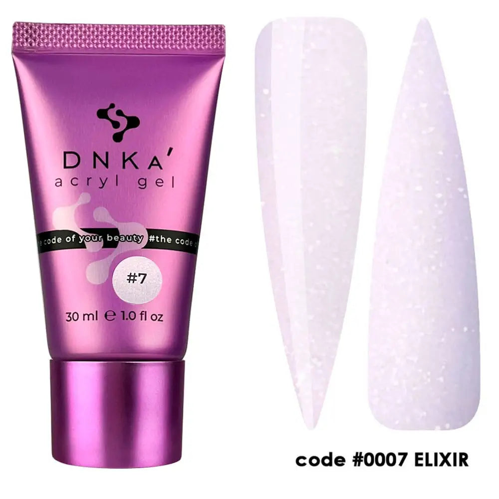 A tube of DNKa' Acryl Gel with the color #0007 Elixir, showing a pink to purple gradient, next to a sample nail color swatch demonstrating the glittery finish.
