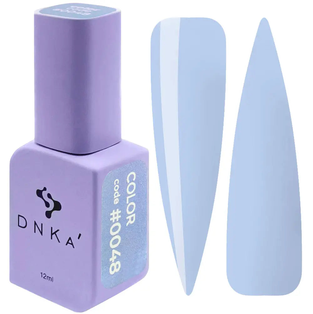 A purple DNKa' Gel Polish bottle with the cap removed, showing the light blue color of the polish, alongside a blue nail polish wedge. A purple-colored DNKa' Gel Polish bottle with the code #0048 and 12 ml volume indicated