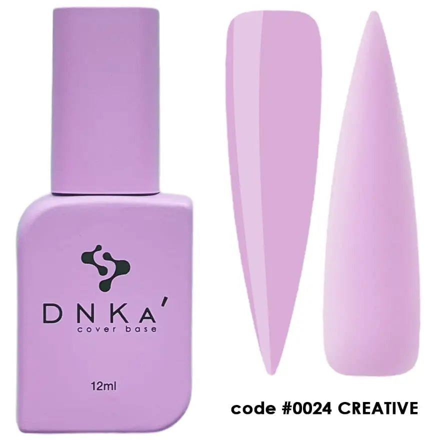 A bottle of DNKa' Cover Base #0024 Creative with a purple label and cap, containing 12 ml of product.