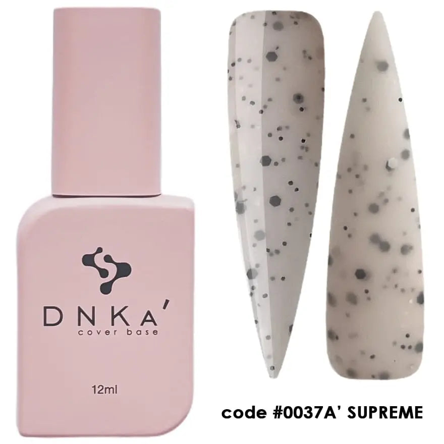 A bottle of DNKa' Cover Base with a pink label and a dot pattern design, alongside a sample fingernail showing the camouflage effect.