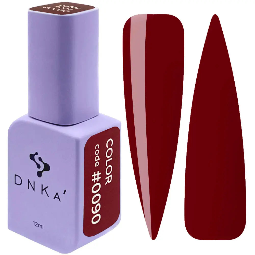 A bottle of DNKa' Gel Polish in color #0090 alongside a visual representation of the polish color and texture on a nail shape. Dark red color