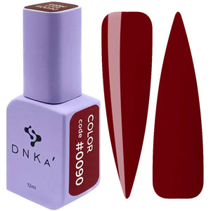 A bottle of DNKa' Gel Polish in color #0090 alongside a visual representation of the polish color and texture on a nail shape. Dark red color