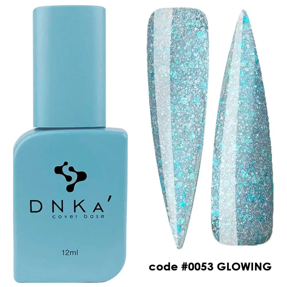 A bottle of DNKa' Cover Base with a swatch showing a glittery blue color, coded #0053 GLOWING.