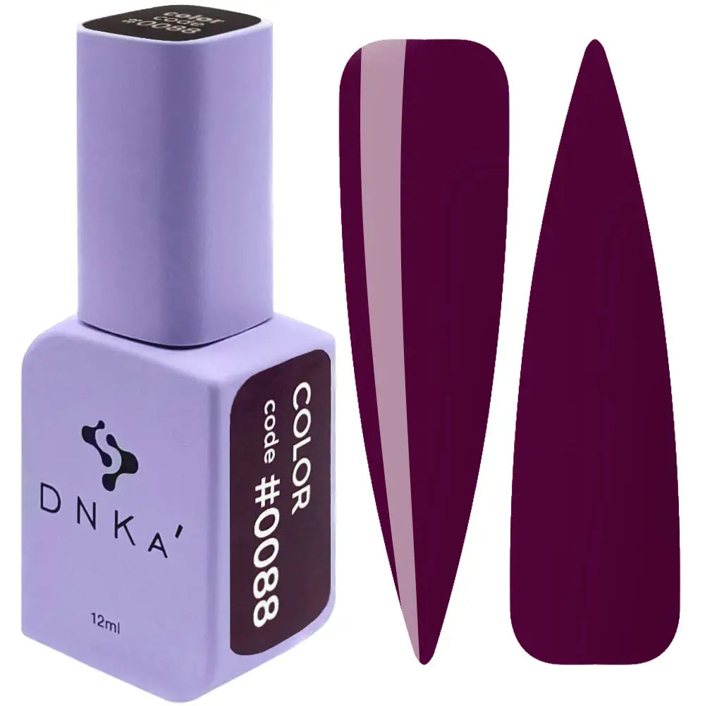 A bottle of DNKa' Gel Polish in color #0088 alongside a visual representation of the polish color and texture on a nail shape. Dark purple color