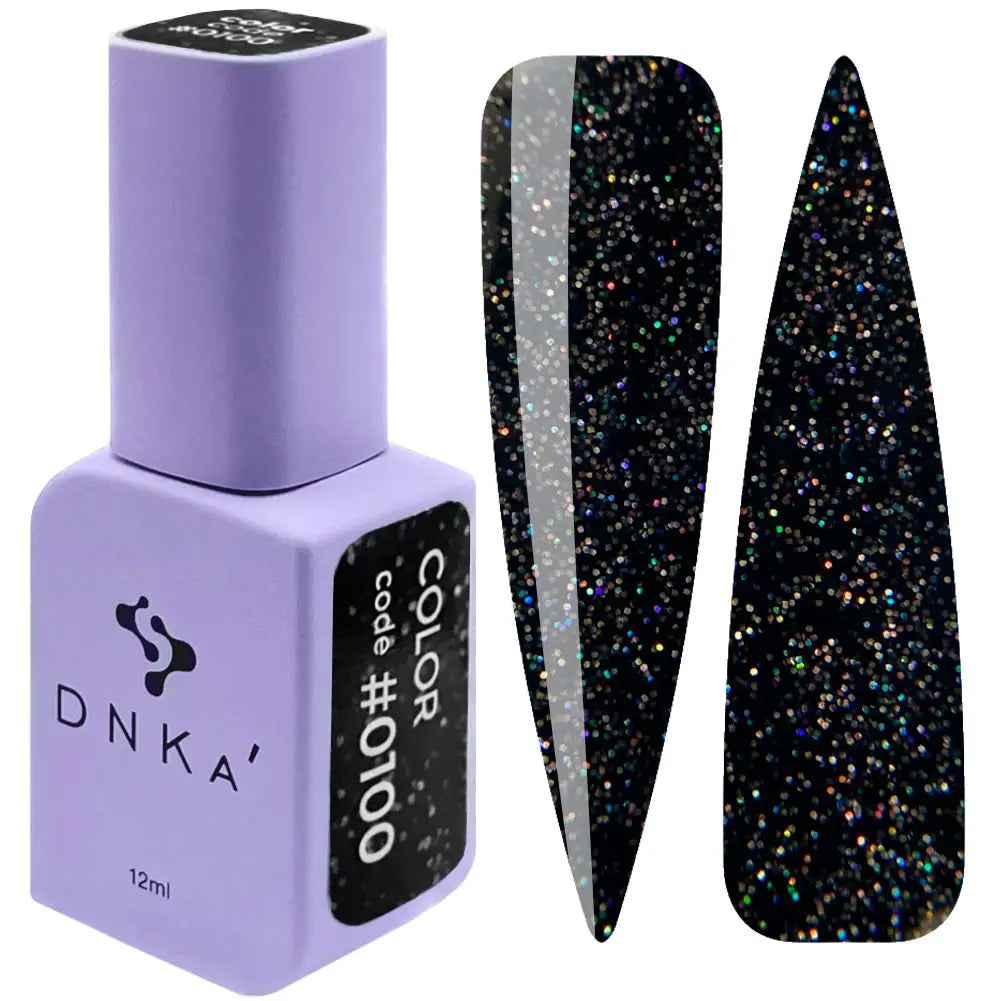 DNKA gel polish bottle with a black glittery 0100