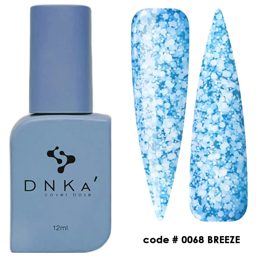 A bottle of DNKa' Cover Base #0068 Breeze  in a blue shade, alongside a sample nail color swatch.