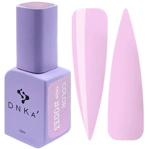 A 12 ml purple DNKa' Gel Polish bottle with a pinkish tone, alongside a pair of pink nail art spoons. A purple bottle of DNKa' Gel Polish with the color code #0033