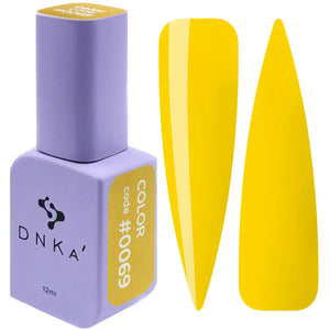 A bright yellow gel polish bottle with a purple cap, labeled DNKa', alongside a visual representation of the polish applied to a nail shape. A bottle of DNKa' Gel Polish in color #0069
