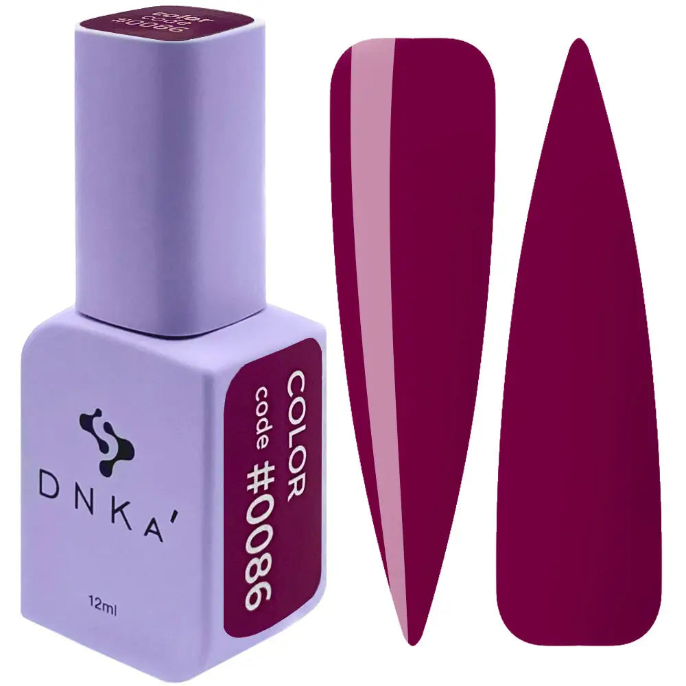 A purple DNKa' Gel Polish bottle with the color #0086 visible on the label, alongside a swatch of the corresponding nail polish color.