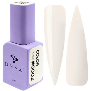 A bottle of DNKa' Gel Polish in milky color #0002 alongside a visual representation of the nail polish application on a nail shape.