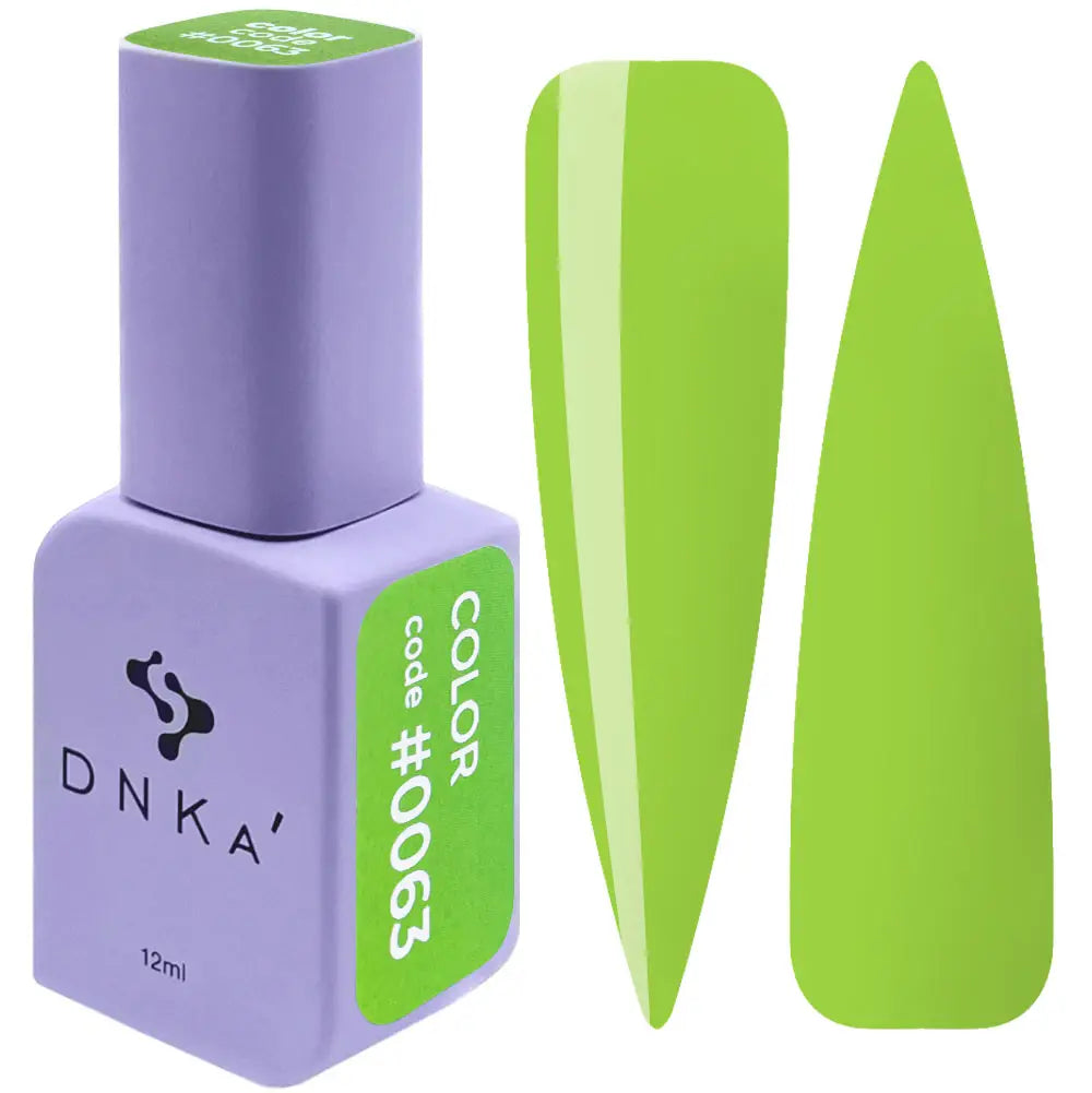 A bright green gel polish bottle with its corresponding color nail art displayed next to it. A bottle of DNKa' Gel Polish in color #0063