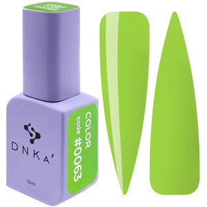 A bright green gel polish bottle with its corresponding color nail art displayed next to it. A bottle of DNKa' Gel Polish in color #0063