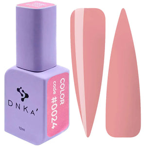 A purple-colored DNKa' Gel Polish bottle with the code #0024 and a pair of pink-colored gel polish bottles alongside it.
