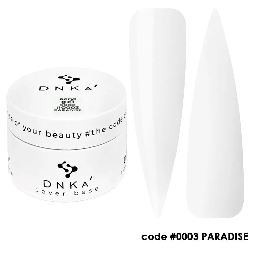 A photo of DNKa' Acryl Gel in shade #0003 Paradise, which is white, alongside its packaging container.