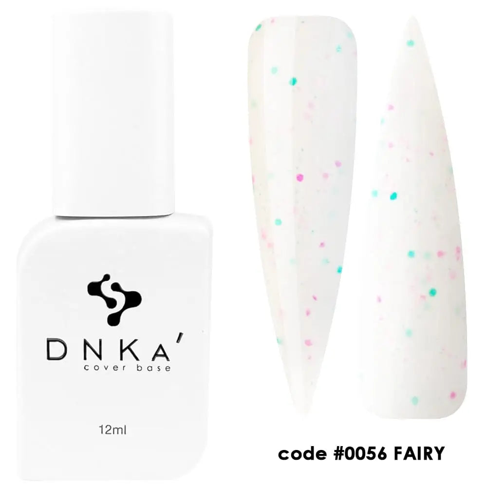A bottle of DNKa' Cover Base nail polish in color Fairy with a code #0056 FAIRY, showing the product's packaging and the nail polish applied to a nail.