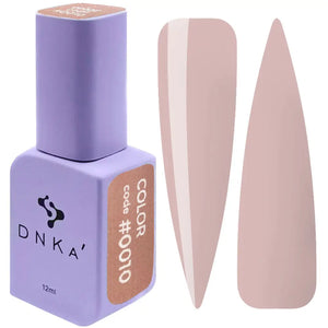 A purple DNKa' Gel Polish bottle with a velvet-like texture and a shade guide label indicating color #0010 light nude color