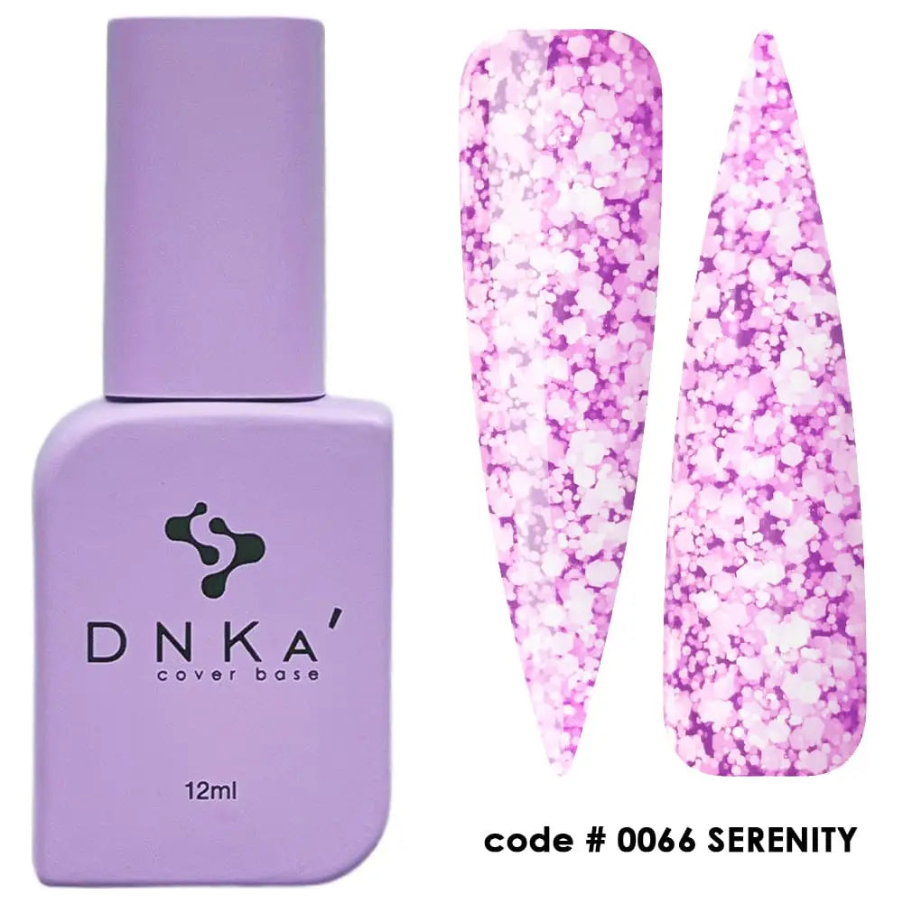 A bottle of DNKa' Cover Base #0066 Serenity  in a purple shade, alongside a sample nail color swatch.