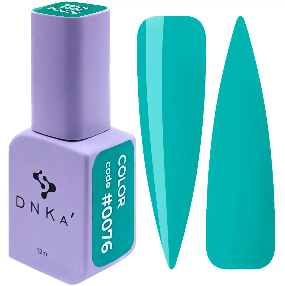 A bottle of DNKa' Gel Polish in color #0076, alongside a swatch showing the teal color of the polish.