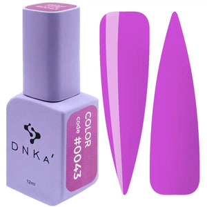 A bottle of DNKa' Gel Polish in color #0043, alongside a swatch demonstrating the purple color of the gel polish.