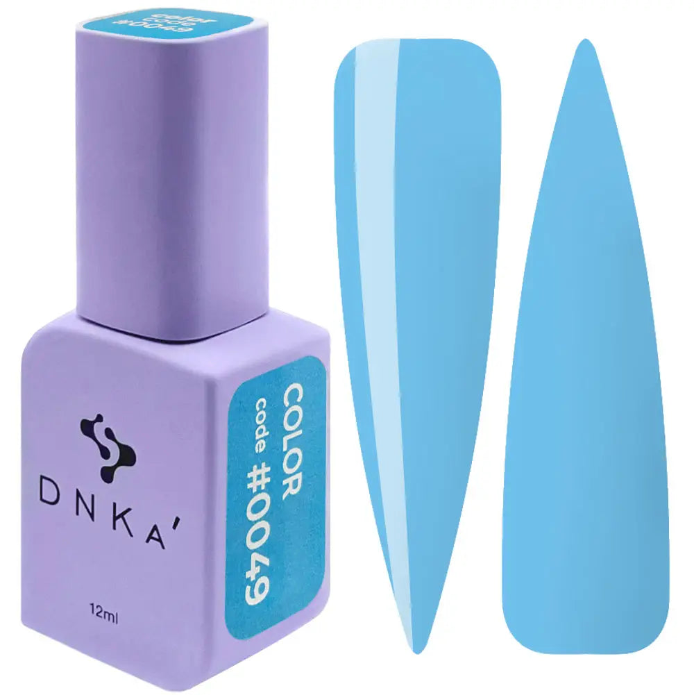 A purple DNKa' Gel Polish bottle with the cap removed, showing the light blue color of the polish, alongside a blue nail polish wedge. A purple-colored DNKa' Gel Polish bottle with the code #0049 and 12 ml volume indicated