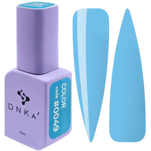 A purple DNKa' Gel Polish bottle with the cap removed, showing the light blue color of the polish, alongside a blue nail polish wedge. A purple-colored DNKa' Gel Polish bottle with the code #0049 and 12 ml volume indicated
