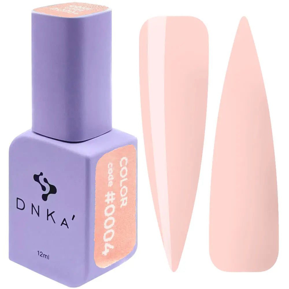 A bottle of DNKa' Gel Polish in nude color #0004 alongside a visual representation of the nail polish application on a nail shape.