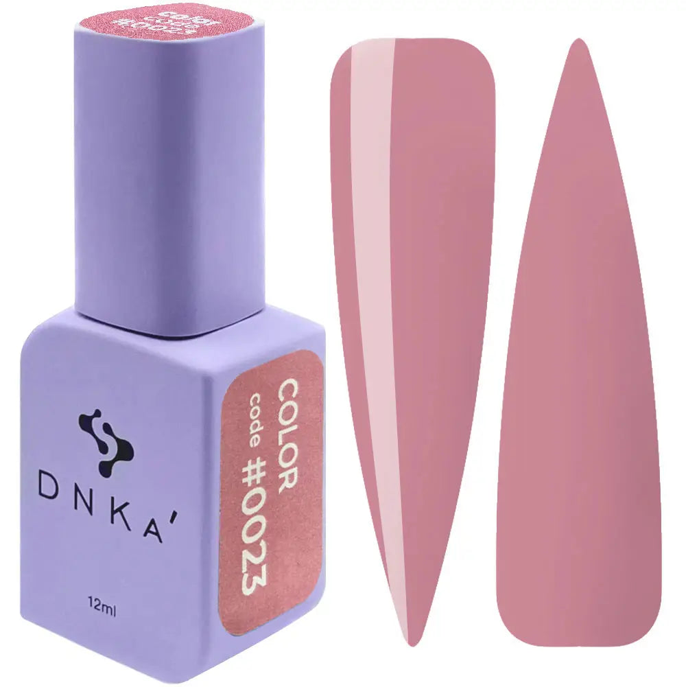 A purple DNKa' Gel Polish bottle with the cap off, showing a pink-colored gel polish inside, and two additional pink-colored nail polish swatches below. A purple-colored DNKa' Gel Polish bottle with the code #0023