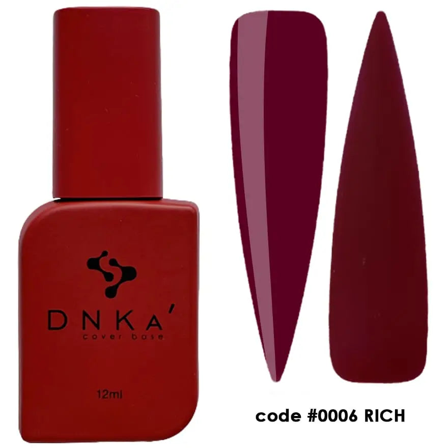A red colored bottle labeled DNKa' with a code #0006 RICH in red color next to a nail shape display showing the color rich red.