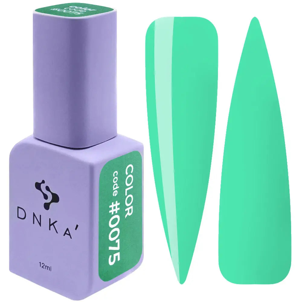 A bottle of DNKa' Gel Polish in color #0075, alongside a swatch showing the teal color of the polish. Green gel polish