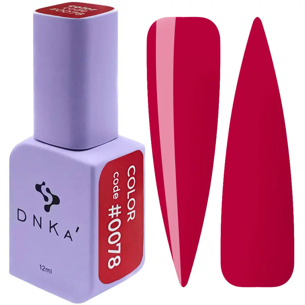 A purple-colored bottle of DNKa' Gel Polish with a red nail polish swatch behind it, indicating the color #0078.