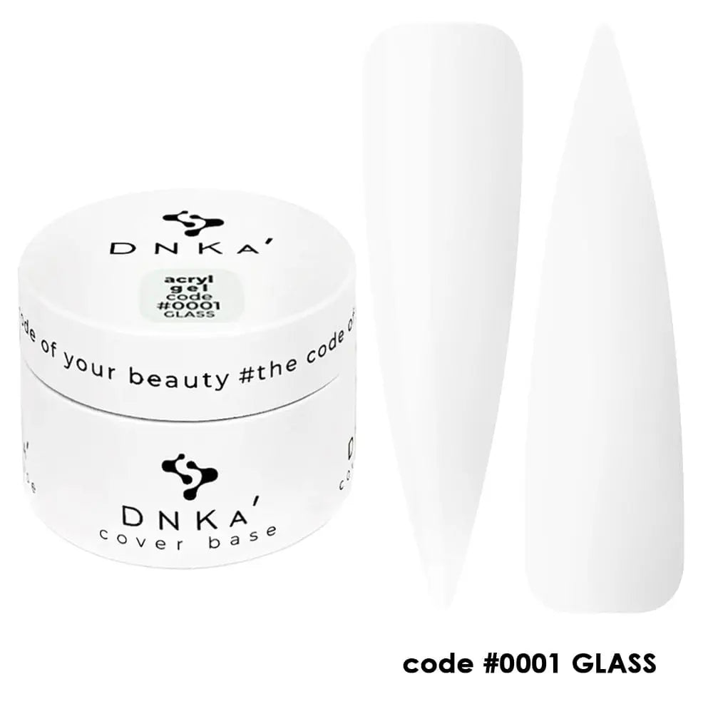 Dnka acryl gel color Glass 0001, powder container with a brush on a white background