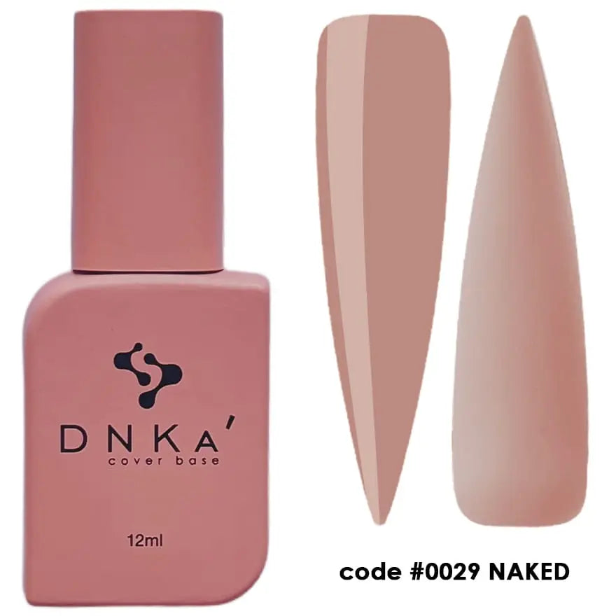 A 12 ml bottle of DNKa' Cover Base nail polish in a nude color, alongside a visual representation of the nail polish application on a nail shape. 0029 Naked color
