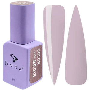 A bottle of DNKa' Gel Polish in color #0015 alongside a visual representation of the nail polish color on a nail shape.