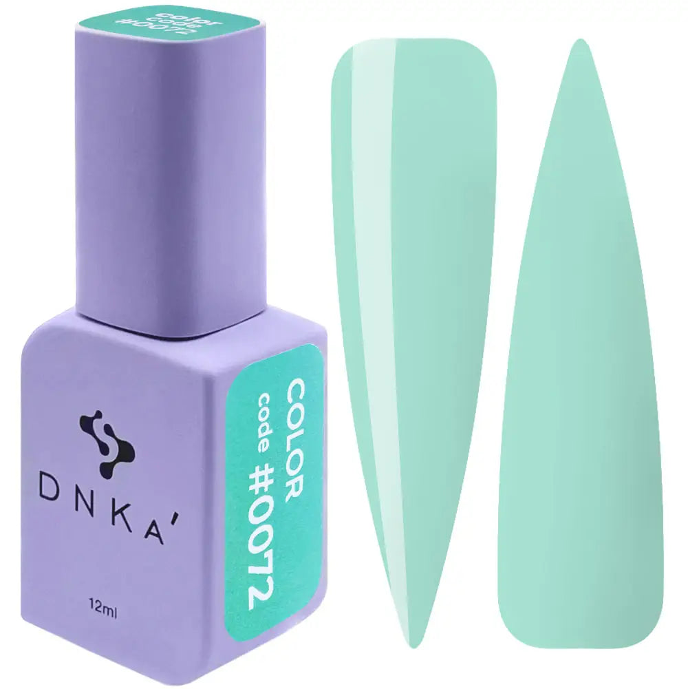 A purple-colored DNKa' Gel Polish bottle with a green nail polish color swatch beside it. A bottle of DNKa' Gel Polish in color #0072