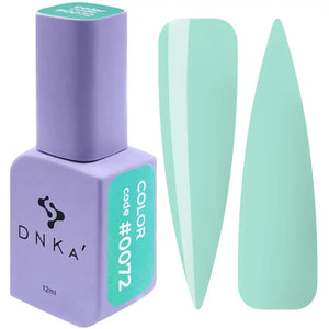 A purple-colored DNKa' Gel Polish bottle with a green nail polish color swatch beside it. A bottle of DNKa' Gel Polish in color #0072