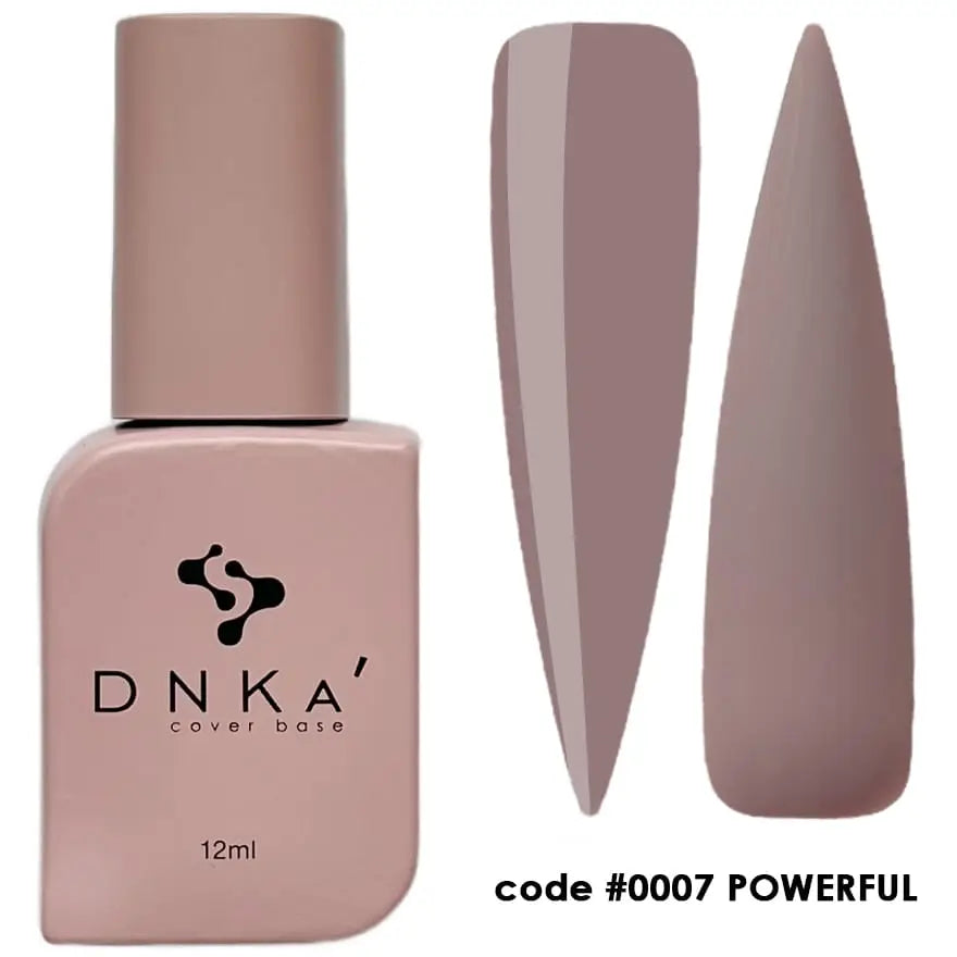 A 12 ml bottle of DNKa' Cover Base in a dark nude color, with a brush applicator shown alongside a sample nail shape demonstrating the color application. 0007 Powerful