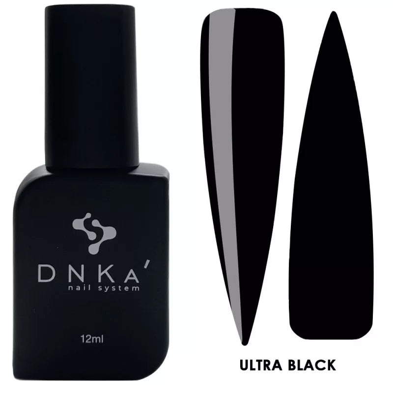 A bottle of DNKa' Gel Polish in color Ultra Black, alongside a visual representation of the nail polish applied to a nail shape.
