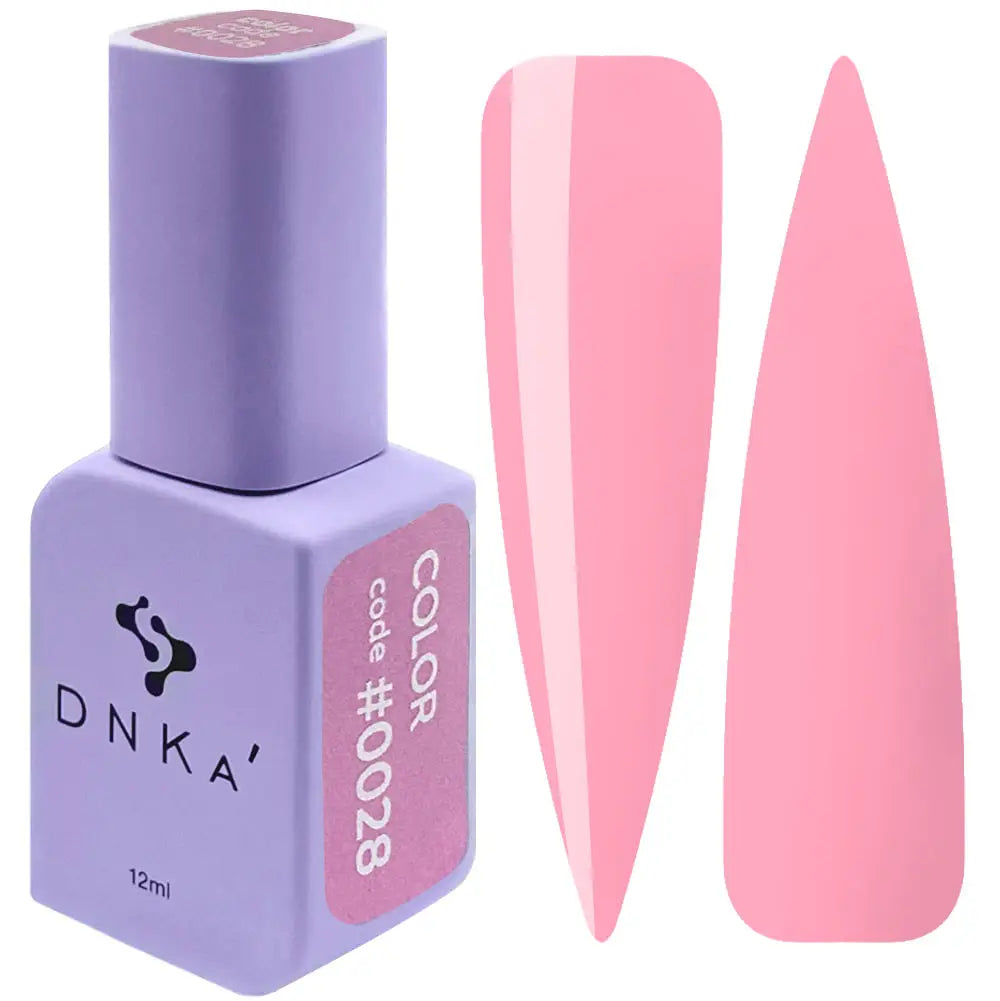 A purple-colored DNKa' Gel Polish bottle with the code #0028 and 12 ml volume indicated, alongside two pink-colored gel polish bottles.