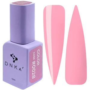 A purple-colored DNKa' Gel Polish bottle with the code #0028 and 12 ml volume indicated, alongside two pink-colored gel polish bottles.