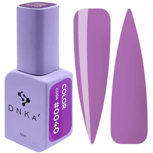 A bottle of DNKa' Gel Polish in color #0040, which is a deep purple, alongside a swatch demonstrating the color and texture of the gel polish.
