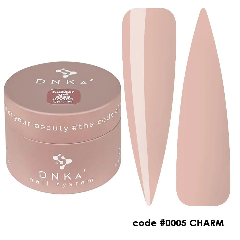 A container of DNKa' Builder Gel alongside a nail shape, both displaying a nude color.