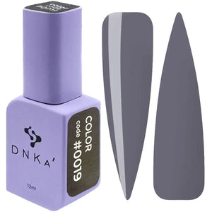 A swatch of DNKa' Gel Polish in color #0019, showing the color and texture of the polish. The polish is a deep grey shade.